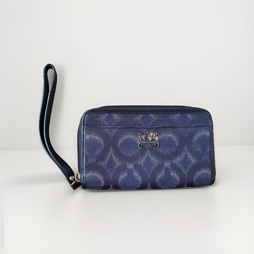 Coach Midnight Blue Shimmer Signature C Zip Around Accordion Wallet Wristlet